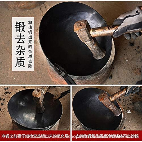 Chinese 100% Hand Hammered Iron Woks Stir Fry Pans, Non-Stick, No Coating, Less Oil, 34CM, Black Seasoned Wooden Handle, Masterchef3