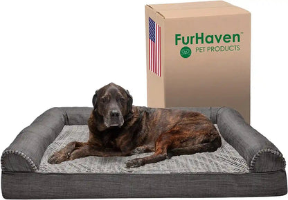 Furhaven Memory Foam Dog Bed for Medium/Small Dogs W/ Removable Bolsters & Washable Cover, for Dogs up to 35 Lbs - Luxe Faux Fur & Performance Linen Sofa - Woodsmoke, Medium15