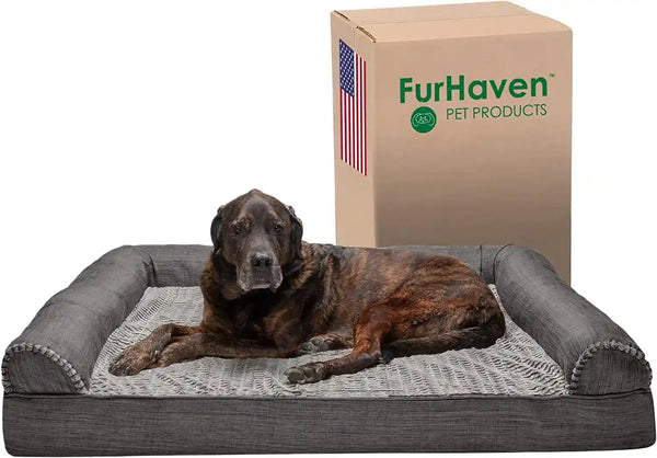 Furhaven Memory Foam Dog Bed for Medium/Small Dogs W/ Removable Bolsters & Washable Cover, for Dogs up to 35 Lbs - Luxe Faux Fur & Performance Linen Sofa - Woodsmoke, Medium15