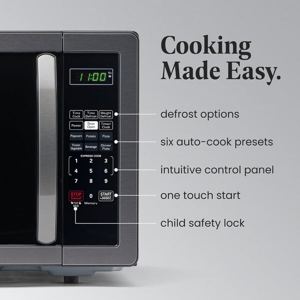 1.1 Cu. Ft. Countertop Microwave Oven – 1000 Watts Power, Auto Cook Settings, Defrost, Easy Clean and Child Safety Lock - Stainless and Black3