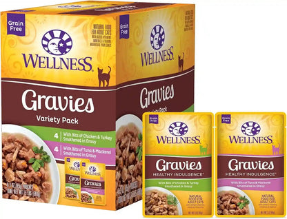 Wellness Healthy Indulgence Morsels Variety Pack Adult Wet Cat Food, Natural, Protein Rich, Grain Free, 2 Flavors, 3 Oz, Pack of 8 Pouches9