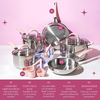 Stainless Steel Pots and Pans Set with Stay-Cool Pink Handles, Tempered Glass Lids, Bonus Heart Shaped Measuring Cups and Spoons, Dishwasher Safe Cookware, 10-Piece Set3
