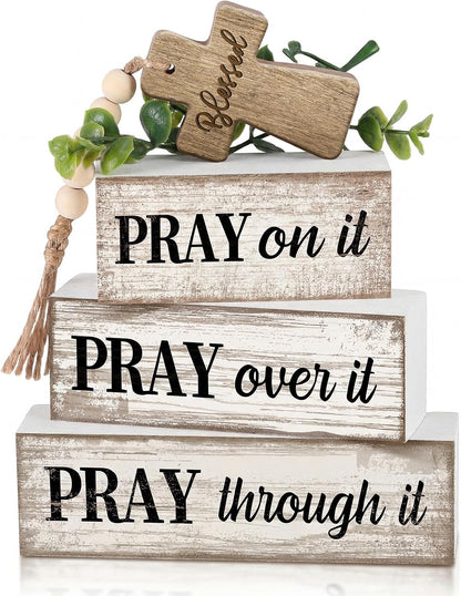 4 Pcs Christian Table Decor Wooden Cross Wooden Bible Verse Sign | Inspirational Religious Christian Centerpiece,Farmhouse Tiered Tray Decorations, Wooden Pray Block Signs, Faith-Inspired1
