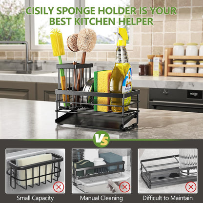 Sink Caddy Sponge Holder for Kitchen with Brush Holder and Stainless Steel Self Drain Tray, Rustproof Kitchen Sink Organizer for Sponge, Soap Dispenser Storage Accessories2