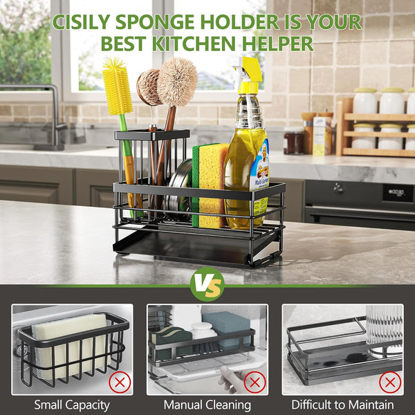 Sink Caddy Sponge Holder for Kitchen with Brush Holder and Stainless Steel Self Drain Tray, Rustproof Kitchen Sink Organizer for Sponge, Soap Dispenser Storage Accessories2