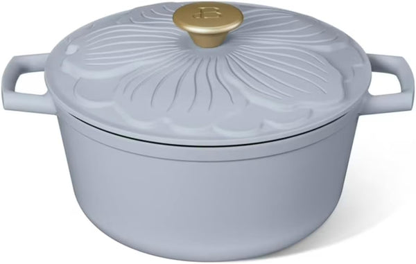 4 Quart Enameled Cast Iron round Dutch Oven with Flower Petal Design Lid, Cornflower Blue, by Drew Barrymore8