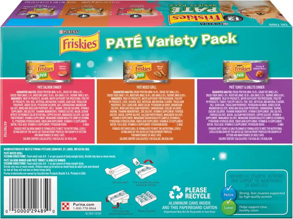 Purina Friskies Wet Cat Food Pate Variety Pack Salmon Dinner, Turkey and Giblets Dinner and Mixed Grill - (2 Packs of 12) 5.5 Oz. Cans12