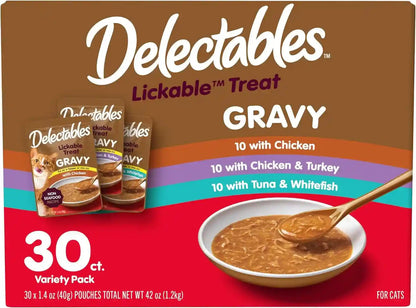 Delectables Lickable Treat Gravy Variety Wet Cat Treat & Food Topper, Food Topper, Hydrating, Grain-Free, No Fillers, No By-Products, No Added Preservatives, 1.4Oz Pouch, 30 Pack1