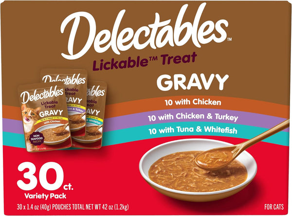 Delectables Lickable Treat Gravy Wet Cat Treat Variety Pack, Food Topper, Hydrating, Grain-Free, No Fillers, By-Products, Added Preservatives, 1.4Oz Pouch, 12Ct14
