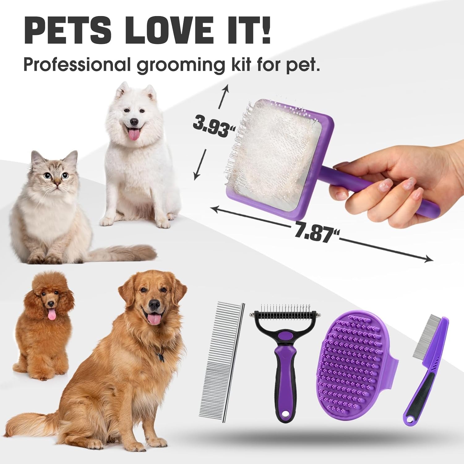 bonteck-dog-slicker-brush-for-dogs-grooming-kit-5pcs-long-haired-doodles-goldendoodles-poodles-skin-friendly-deshedding-comb-and-rake-removes-undercoat-professional-detangling-large-purple