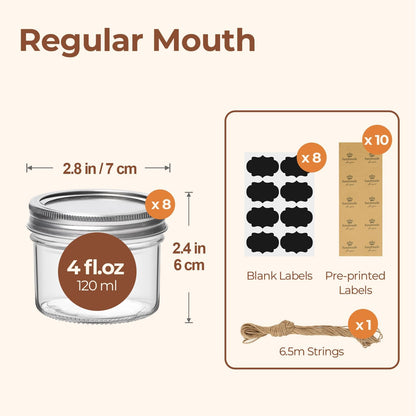 Mini Mason Jars 4 Oz, 8 Pack Regular Mouth Glass Jars with Lids | Bpa-Free Materials, Spice Rack, Small Jam, Honey Samples, Wedding Favors, DIY Candles, Labels and Twine2