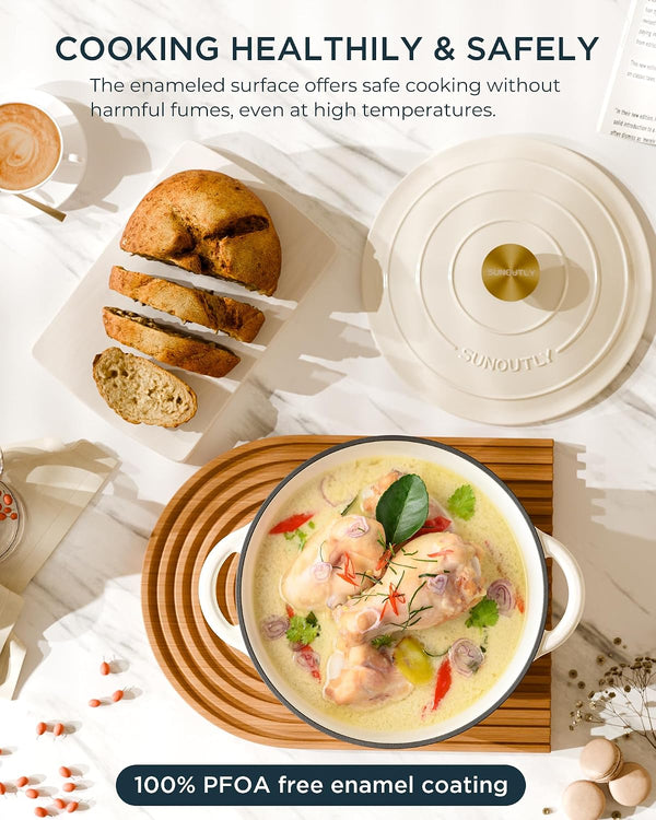 Enameled Cast Iron Dutch Oven - 6QT Pot with Lid & Cotton Potholders - Heavy-Duty Cookware for Braising, Stews, Roasting, Bread Baking, Oven Safe up to 500° F & across All Cooktops, Cream White2