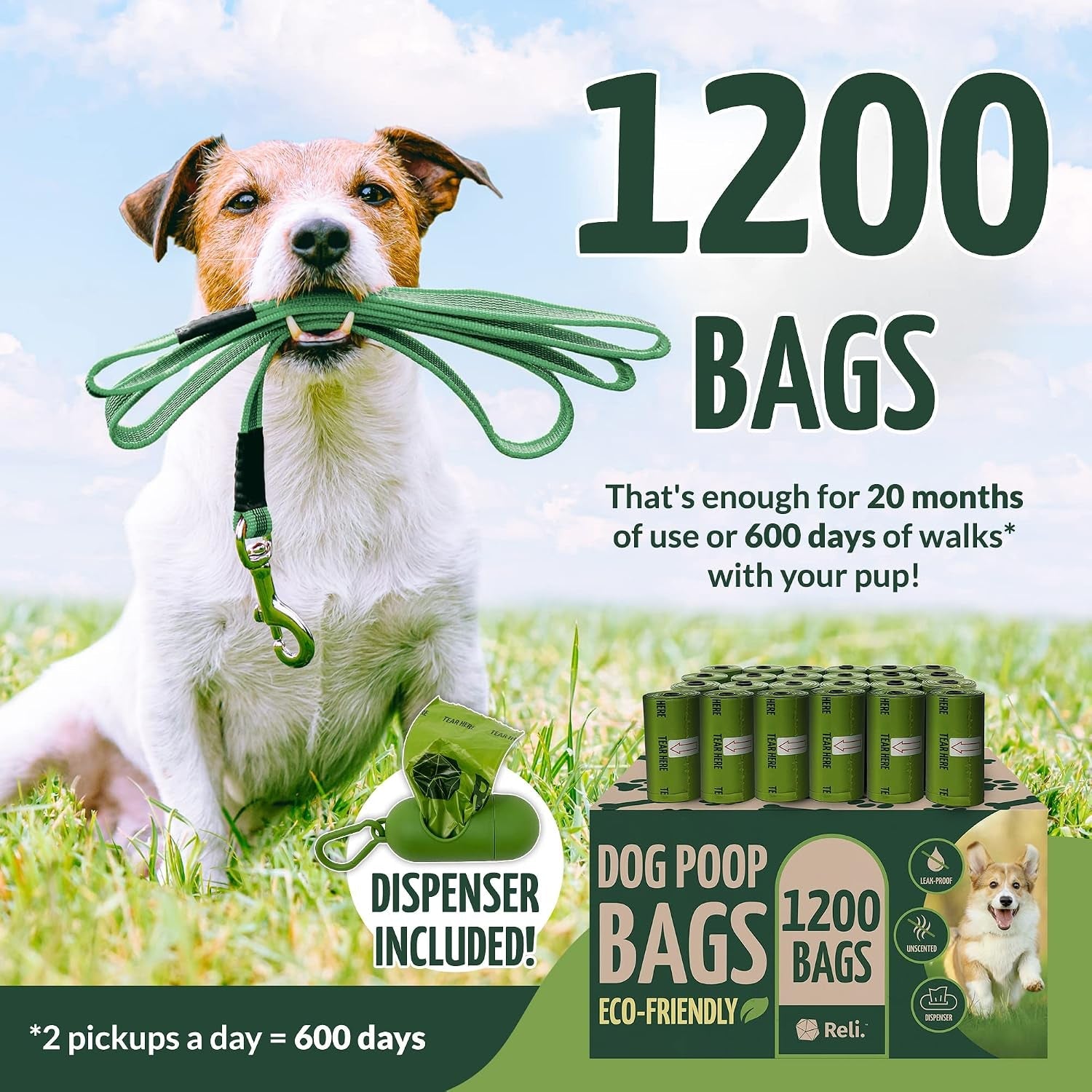 reli-biodegradable-dog-poop-bags-w-holder-1200-count-80-rolls-bulk-leash-clip-dispenser-9x13-large-dog-bags-for-poop-green-eco-friendly-oxobiodegradable-waste-disposal-refills-unscented