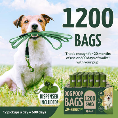 Reli. Biodegradable Dog Poop Bags W/Holder (1200 Count - 80 Rolls Bulk) | Leash Clip Dispenser | 9X13" Large Dog Bags for Poop | Green Eco-Friendly Oxobiodegradable Waste Disposal Refills (Unscented)2