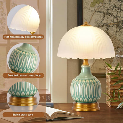 Table Lamps Ceramic Retro Lamp for Living Room,15." Modern Bedside Nightstand Traditional Lamps, Classic Chinoiserie Green Glass Lamp for Home (Retro)8