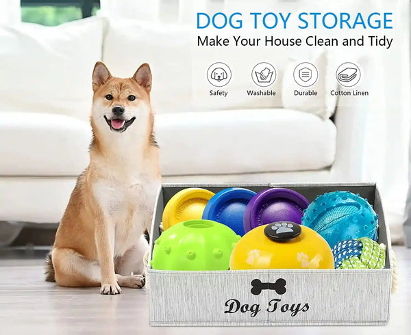 Morezi Large Dog Toy Bin Puppy Shallow Toy Basket Dog Toy Storage Perfect for Living Room Playroom Closet Home Organization - Grey Canvas2