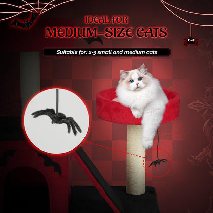 VINGLI 27.6In Gothic Cat Tree with Spacious Cat Condo & 2 Padded Perches, Red & Black Cat Tower with Scratching Ladder, Sisal Posts & Spider Toy for Large Cats8