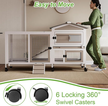 2 Story Rabbit Hutch Outdoor Indoor, Wooden Bunny Cage with 6 Lockable Wheels, 3 Removable No Leakage Pull Out Trays, Chew-Proof Ramp & Waterproof Roof, Ideal for Rabbit & Guinea Pig3