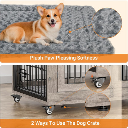 Medium Dog Crate Furniture, 32'' Heavy Duty Kennel W/Cushion & Wheels | Grey, Double Doors, Wooden Dog Cage, Chew-Resistant, End Table, Decorative, 27"/32"/38"/44" Options, Indoor8