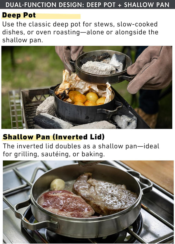 CAMPINGMOON 1.5 Quart Stainless Steel Dutch Oven 6-Inch 2 in 1 Skillet Lid Solo Camping Cookware Set DO-253