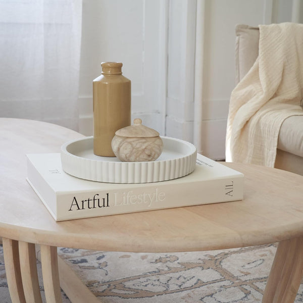 Decorative Concrete Tray & Book Decor Set - Scalloped Tray & Linen Box | Enhances Your Coffee Table or Bookshelf Decor - Stylish Home Decoration for the Living or Dining Room and Housewarming Gift6
