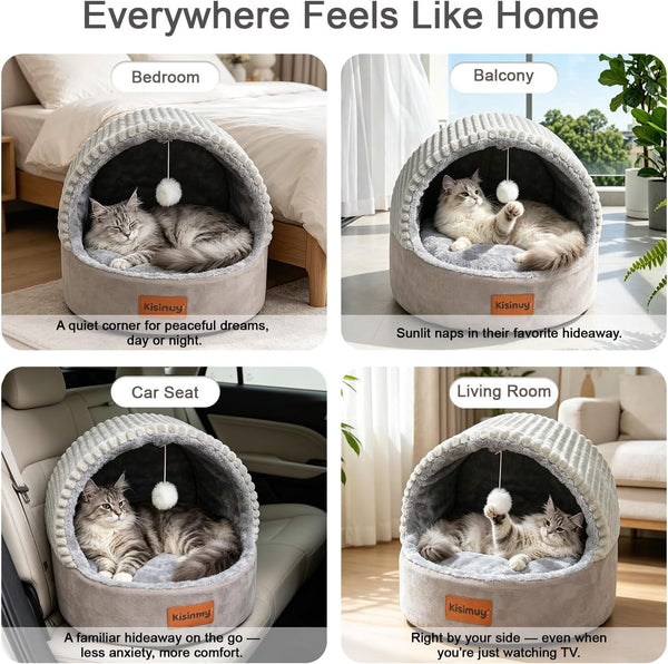 Cat Bed Cave with Pillow & Cat Toys, Cat Bed for Indoor Cats & Dog | 17.7In, up to 15 Lbs, Dual-Sided Cushion, Reversible Comfort for All Seasons, Semi-Enclosed Design, Machine Washable, Grey2