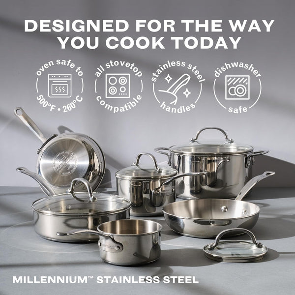Millennium Stainless Steel Pots and Pans with Lids, Induction Ready, Compatible with All Cooktops, Metal Utensil Safe, 10 Piece Cookware Set, Dishwasher Safe - Stainless Steel5