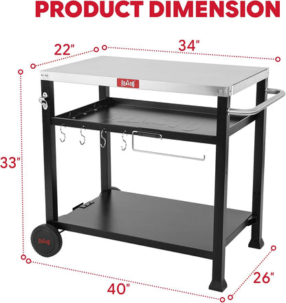 3-Shelf Pizza Oven Table, Outdoor Grill Cart, 33.5" X 21.7", Black | Stainless Tabletop with Tank Hook for Pizza Ovens & Griddles, Heavy-Duty Prep Station for Patio BBQ and Deck Parties3