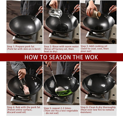 13 Inch Black Cast Iron Wok Pan round Bottom with Wooden Handle, Use on Gas Stove, Campfire Open Fire Stir-Fry, Physical Non Stick9