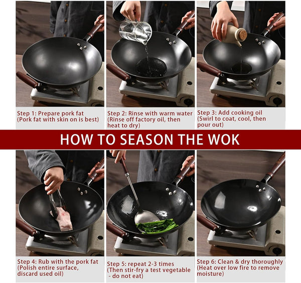 13 Inch Black Cast Iron Wok Pan round Bottom with Wooden Handle, Use on Gas Stove, Campfire Open Fire Stir-Fry, Physical Non Stick9