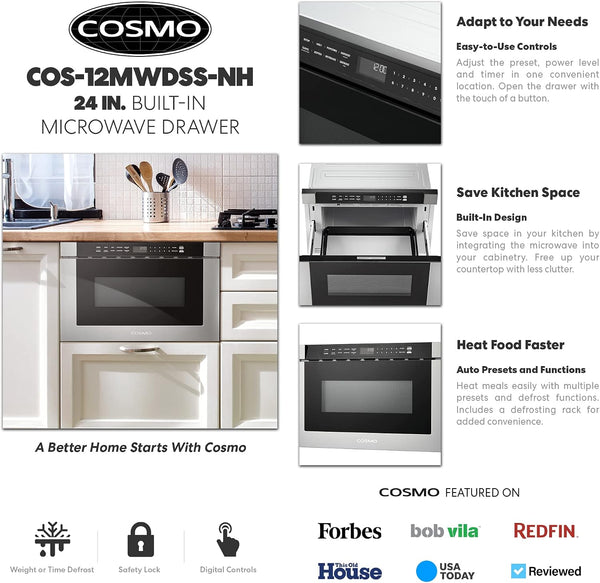 24 In. Haven Coll 1.2 Cu. Ft. Built-In Microwave Drawer, Stainless Steel |  COS-12MWDSS-NH Touch Controls, 11 Power Levels, 1000W, Child Lock Function, Defrost Functions, Automatic Presets3