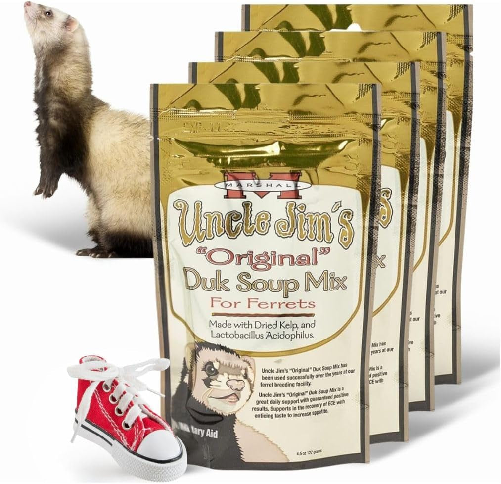 marshall-uncle-jim-s-duk-soup-mix-for-ferrets-4-5-oz-each-digestive-support-recovery-vitality-aid-includes-2-squeaky-toys-for-enrichment-fun-pack-of-4