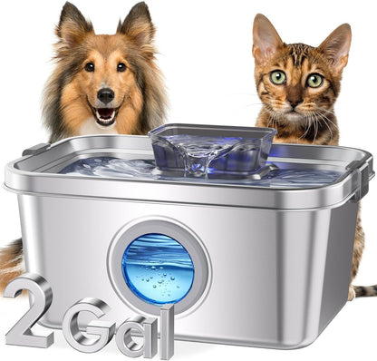 PETIMI Dog Water Fountain, 2 Gallon 304 Stainless Steel Large Pet Water Fountain for Dogs & Cats, Ultra Quiet Indoor Pet Fountain, Safety Lock, 3 Replacement Filters Included, Smart Pump Protection1