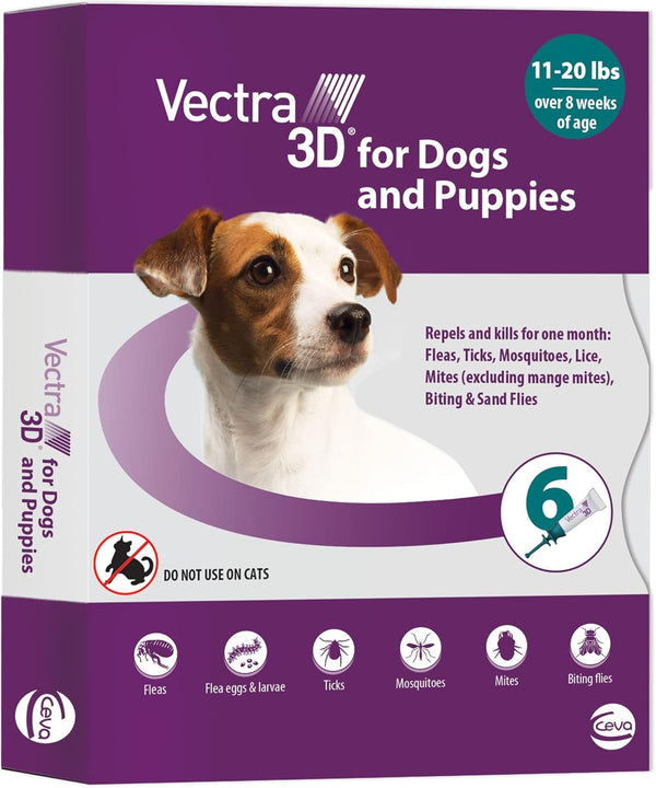 Vectra 3D Flea and Tick Prevention for Small Dogs 11-20 Lbs, 3‑Month | Kills and Repels Fleas, Ticks & Mosquitoes | Fast‑Acting, Waterproof, No Prescription Needed9