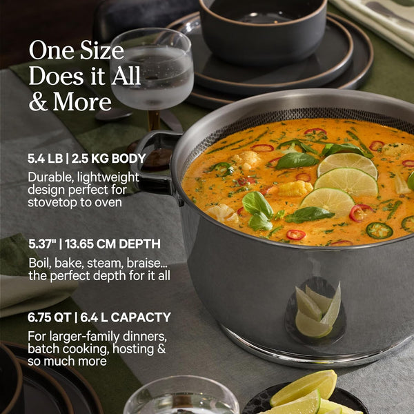 Our Place Titanium Perfect Pot Pro, 6.75 Qt Nonstick Titanium Cookware | Fully Clad Tri-Ply Steel & Aluminum Dutch Oven; Lid & Silicone Spoon Included; Induction & Oven Safe to 1000°F (750°F Gold)5