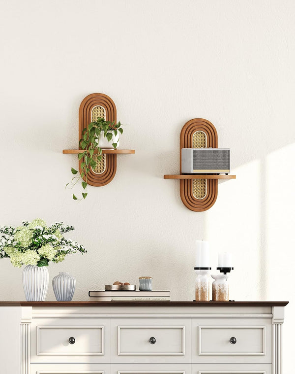 Floating Shelves for Wall, Boho Home Wall Decor,Rattan Plant Shelf Set of 2, Mid Century Small Decorative Shelf, Natural Wood Shelves for Living Room,Bedroom,House,Office (Walnut)7