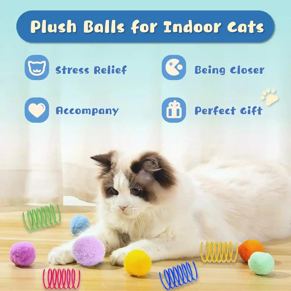 30 Pcs Premium Silent Cat Pom Pom Balls, Interactive Lightweight Assorted Colors Fuzzy Toy Balls (1.2 Inches), with 4 Pcs Cat Spring Toy for Indoor Kitten Playing Exercising3