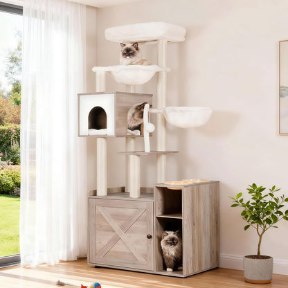 Hey-Brother Cat Tree Tower, Food Station, XL Litter Box Enclosure, MPJ101SG | 48.81 Inches Wooden All-In-One Cat Furniture, Large Hammock, Bed, Scratching Posts, Big Basket for Indoor Cats, Rustic Gray10