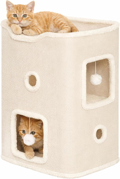 Cat House, Cat Beds for Indoor Cats, 3-Story Cat Condo Cube with Scratch Pad and Fluffy Ball Hanging, Multi-Level Cozy Hideout Center Ideal for Small/Medium Cats8