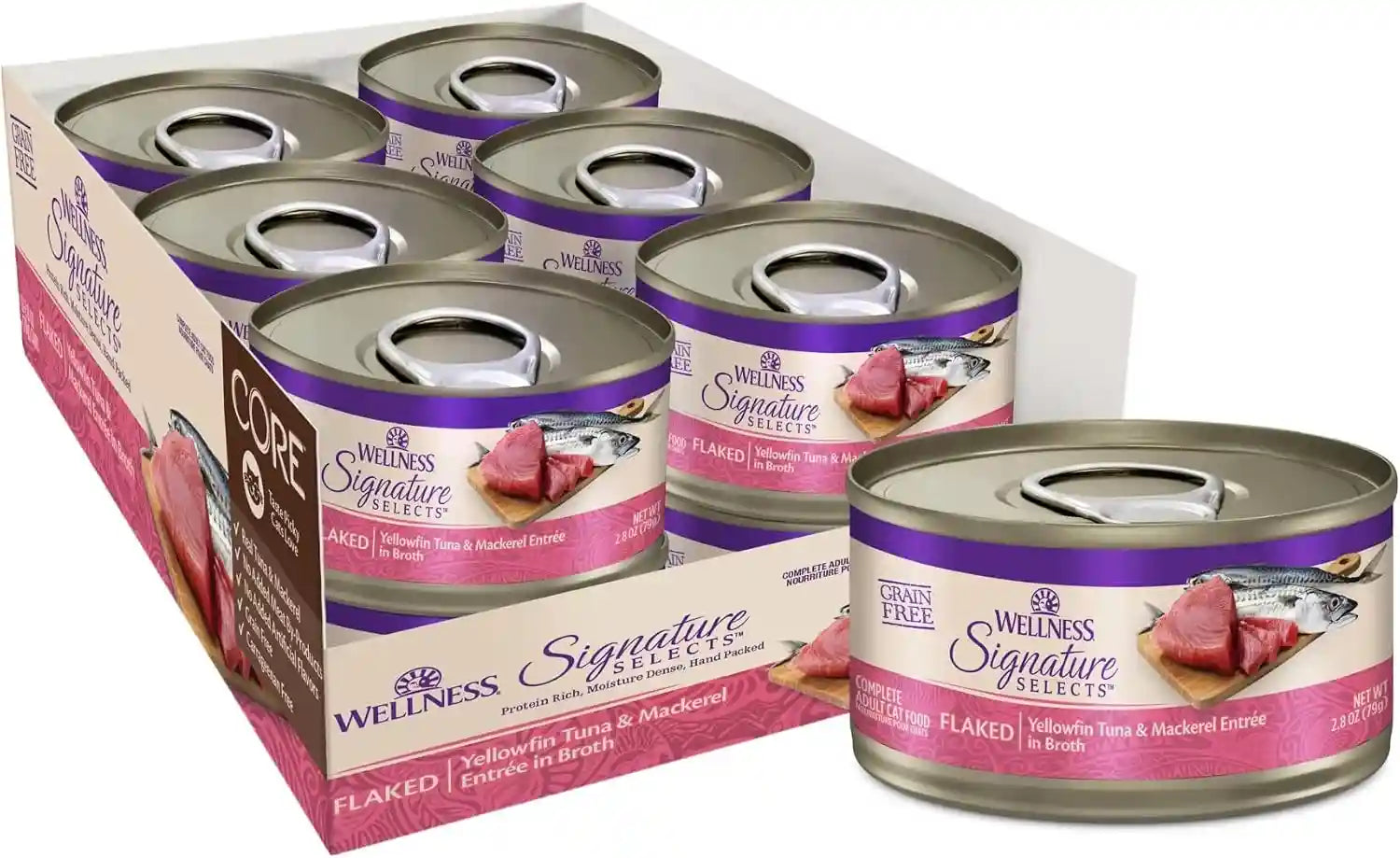 wellness-core-signature-selects-flaked-adult-canned-wet-cat-food-natural-protein-rich-grain-free-skipjack-tuna-and-wild-salmon-entree-recipe-2-8-oz-pack-of-12-cans