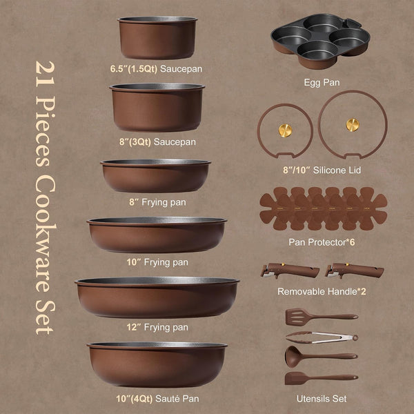 21Pcs Pots and Pans Set, Nonstick Cookware Set Detachable Handle, Induction Kitchen Cookware Sets Non Stick with Removable Handle, RV Cookware Set, Oven Safe, Brown2