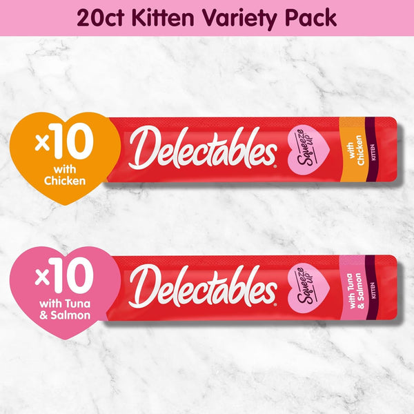 Delectables Squeeze up Kitten Variety Pack, Creamy Squeezable Puree, Lickable Wet Cat Treats, Grain Free, No Added Fillers, No By-Products, No Added Preservatives, 0.5 Ounces Tube, 20 Tubes Total7