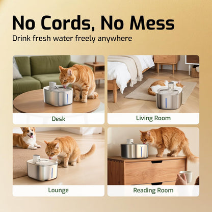 Wireless Cat Water Fountain Stainless Steel,135Floz/4L Battery Operated Automatic Pet Fountain,Cordless Cat Water Dispenser Pet Drinking Water Fountain for Multicat Cats Dog Outdoor2