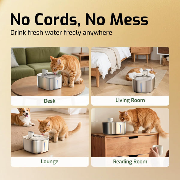 Wireless Cat Water Fountain Stainless Steel,135Floz/4L Battery Operated Automatic Pet Fountain,Cordless Cat Water Dispenser Pet Drinking Water Fountain for Multicat Cats Dog Outdoor2