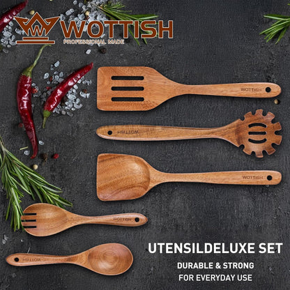 Wooden Spoons for Cooking, 5-Piece Acacia Wood Kitchen Utensil Set | for Nonstick Cookware, Salad Spoon, Spaghetti Spoon, Fork & Spatulas3