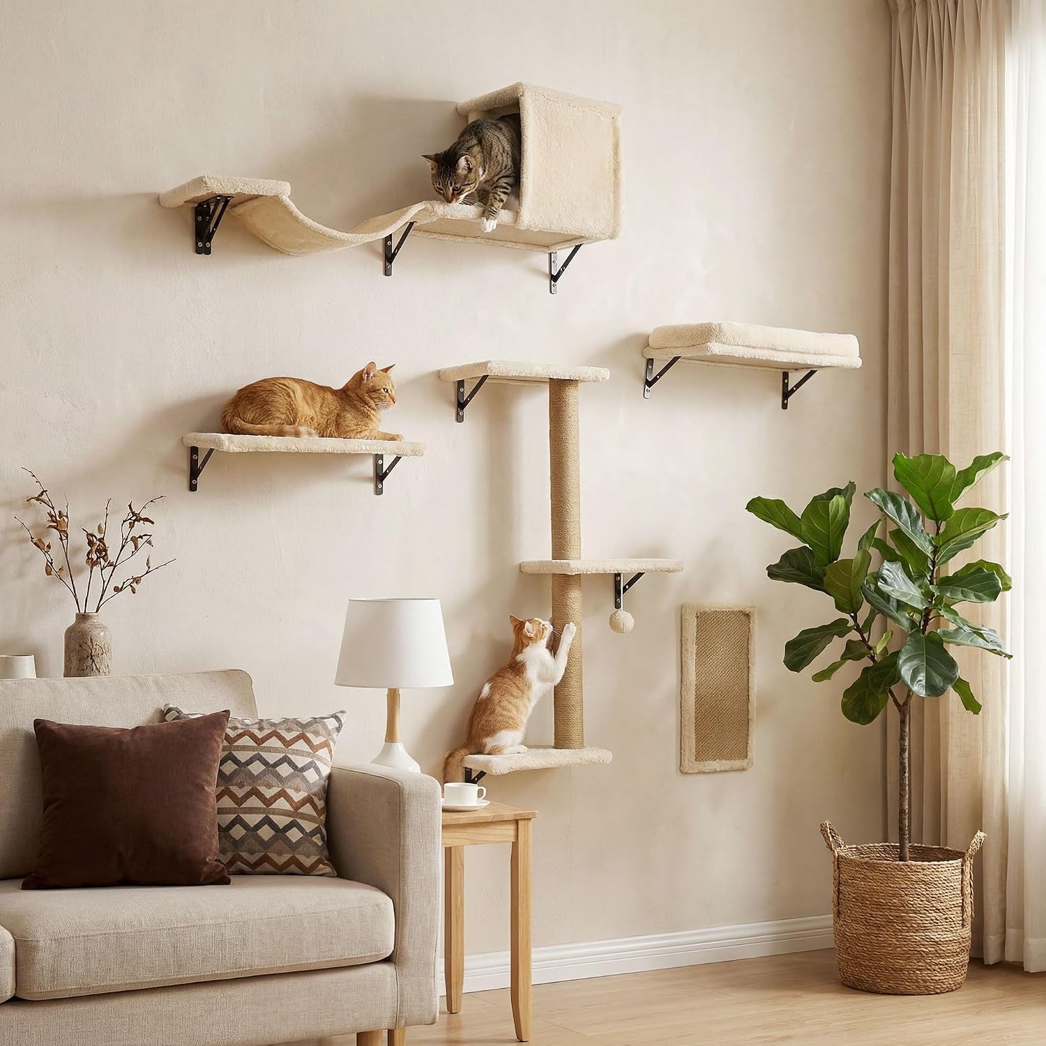mewang-5-in-1-cat-wall-shelves-cat-climbing-furniture-with-wall-mounted-perch-lounge-for-indoor-cats-space-saving-wall-pet-shelves-for-play-rest-beige