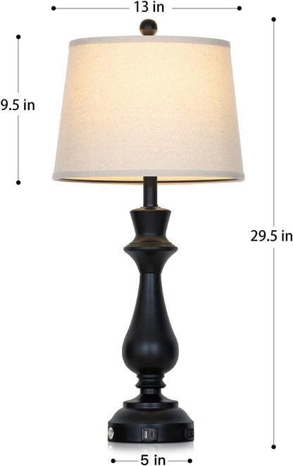 Modern Black Table Lamps Set of 2 for Living Room,30" Tall Bedside Lamp with USB Charging Port,3-Way Dimmable Touch Nightstand Lamp for Bedroom Desk Side Table Office,Black2