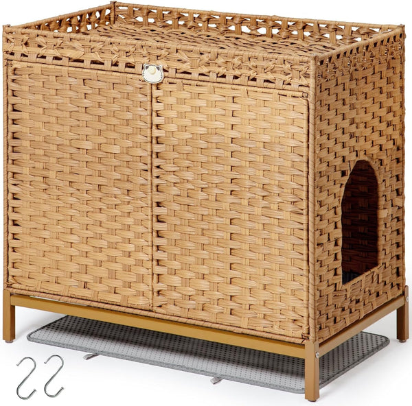 SETVSON Cat Litter Box Enclosure Furniture, Rattan PE Kitty House, Natural | Handwoven PE Rattan with 2 Soft Mats, Heightened Metal Feet, 2 S-Hooks, 30.3 X 18.3 X 28 in Spacious Interior Kitty Cabinet1