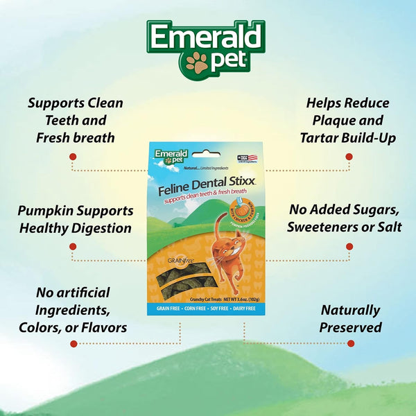 Emerald Pet Grain-Free Chicken Cat Dental Treats – Crunchy Dental Sticks for Cats to Clean Teeth, Reduce Plaque & Tartar, Freshen Breath – Pumpkin for Digestive Health, Natural Cat Chews, 3.6 Oz5