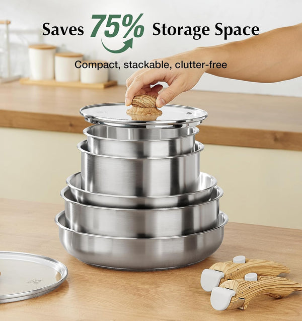 Stainless Steel Cookware Set, 18/10 Stainless Steel Pots and Pans Set 11PCS, Detachable Handle Pots and Pans for Easy Storage, Removable Handle Cooking Set, Induction Compatible5